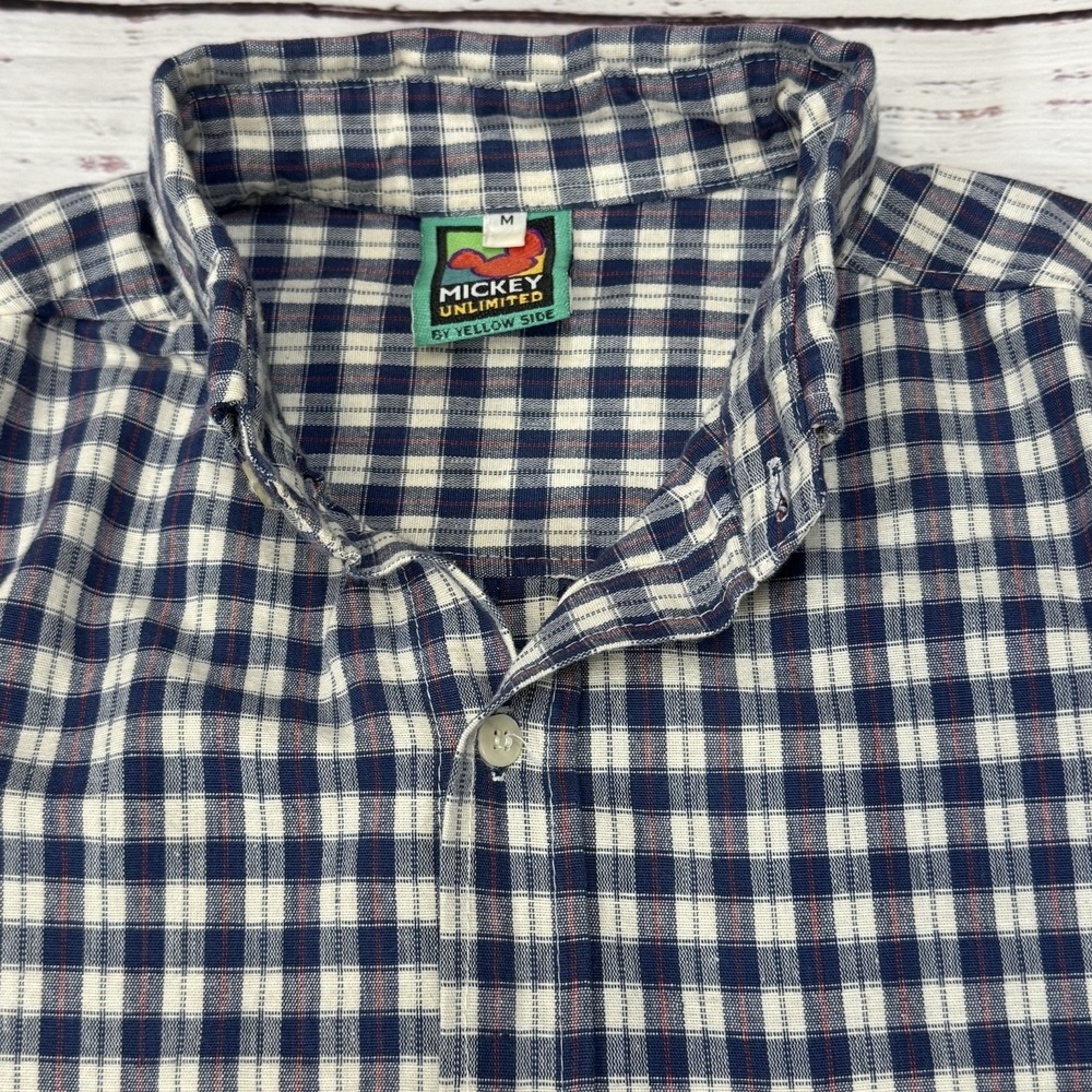 VTG Mickey Unlimited Blue Plaid Button Up LS Shirt Med Mickey Embroidered Pocket - Picture 3 of 7